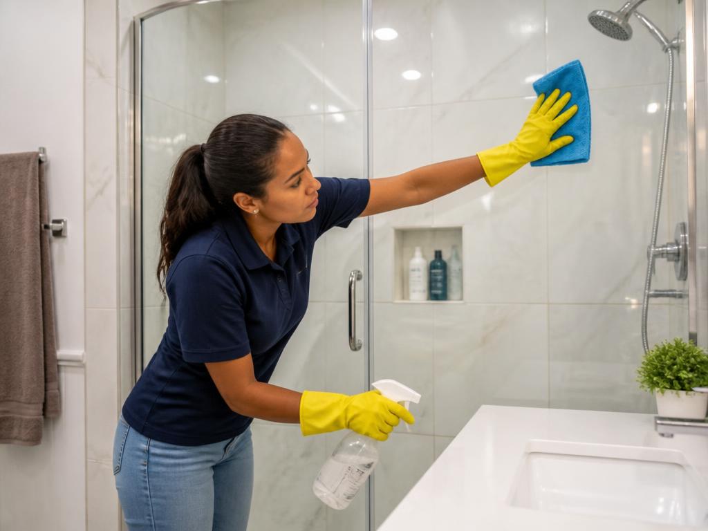 Cleaner deep cleaning a bathroom shower with gloves and spray